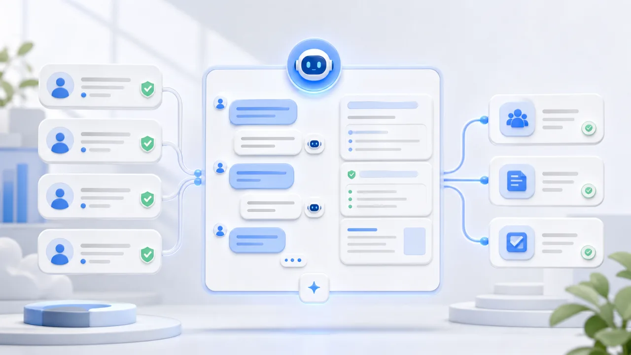 認証済みユーザー、会話履歴、AIエージェントの作業メモが並ぶ画面イメージ