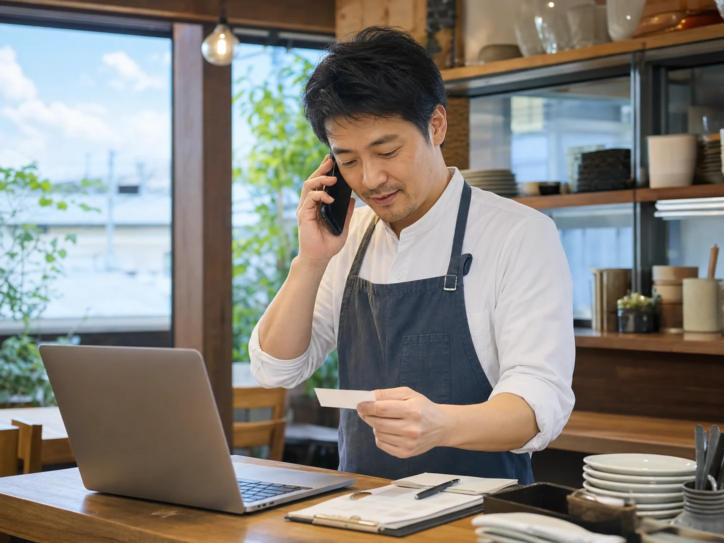 明るい飲食店で電話対応をする小規模事業者オーナー